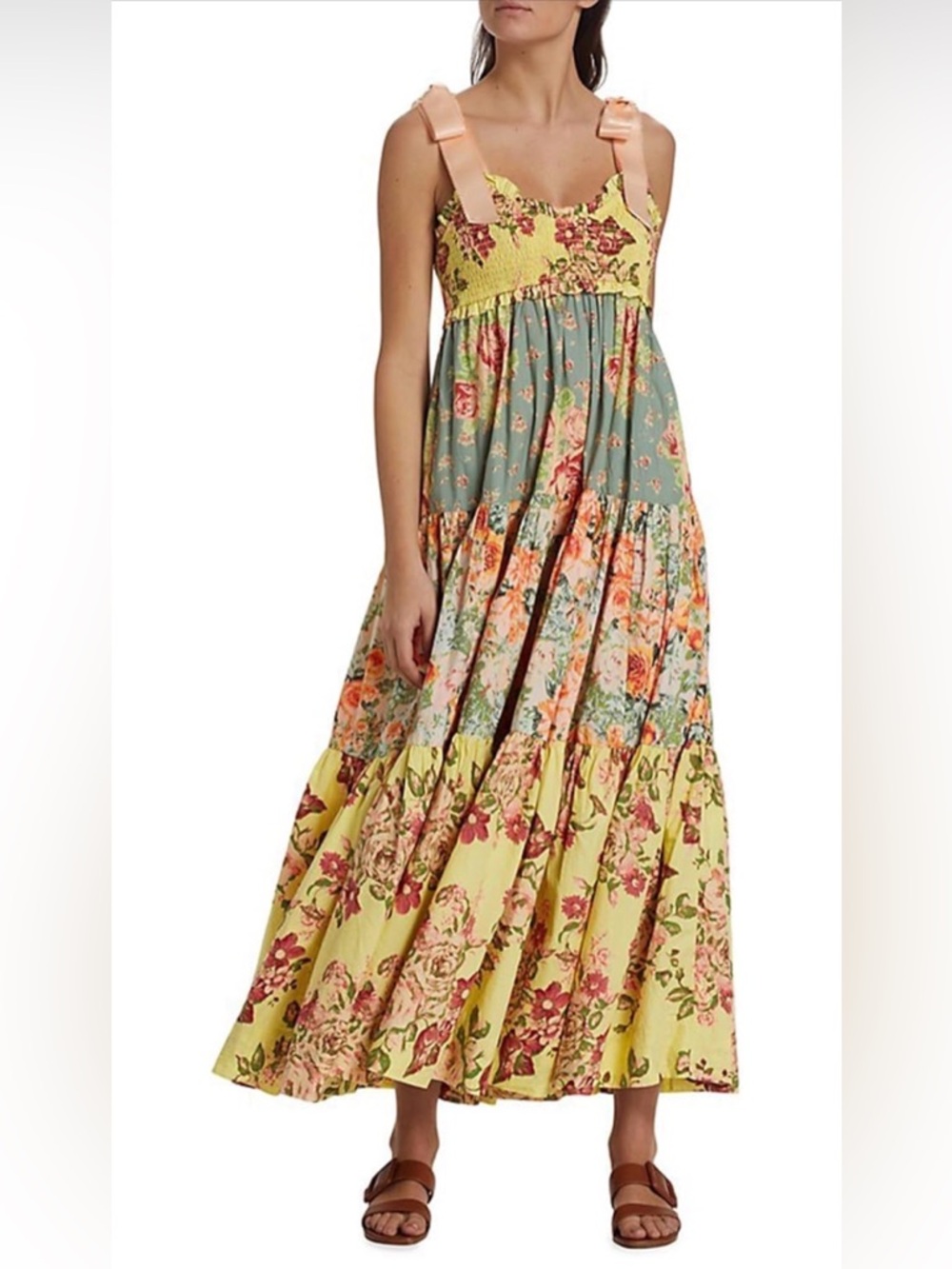 FREE PEOPLE Floral Tiered Maxi Dress with Pink Bow Straps XS - Picture 9 of 11
